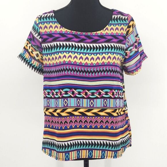 Forever 21 Multicolor Tribal Geometric Print Sheer Top Blouse Women's Size Small - Picture 1 of 9